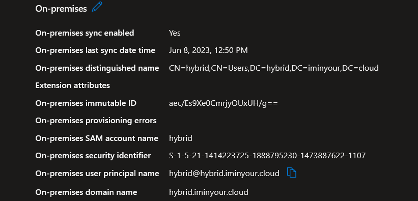 Attributes of the hybrid account relevant for the on-premises sync