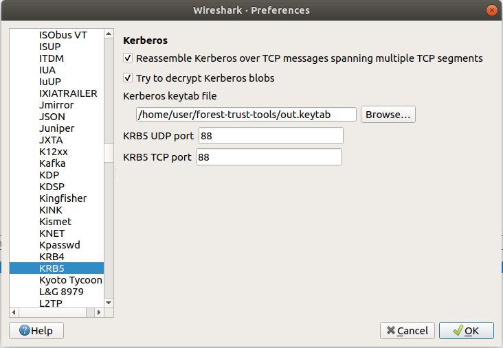 Configuring the generated keytab in Wireshark