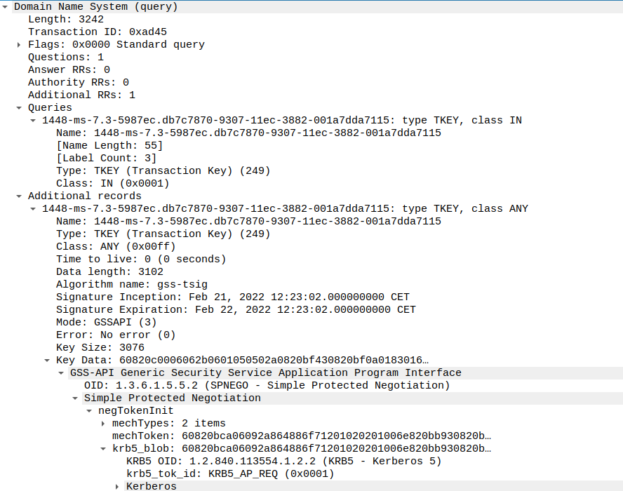 TKEY query containing AP-REQ structure