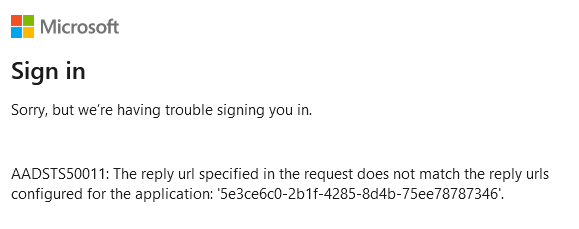 AADSTS50011: The reply url specified in the request does not match the reply urls configured for the application